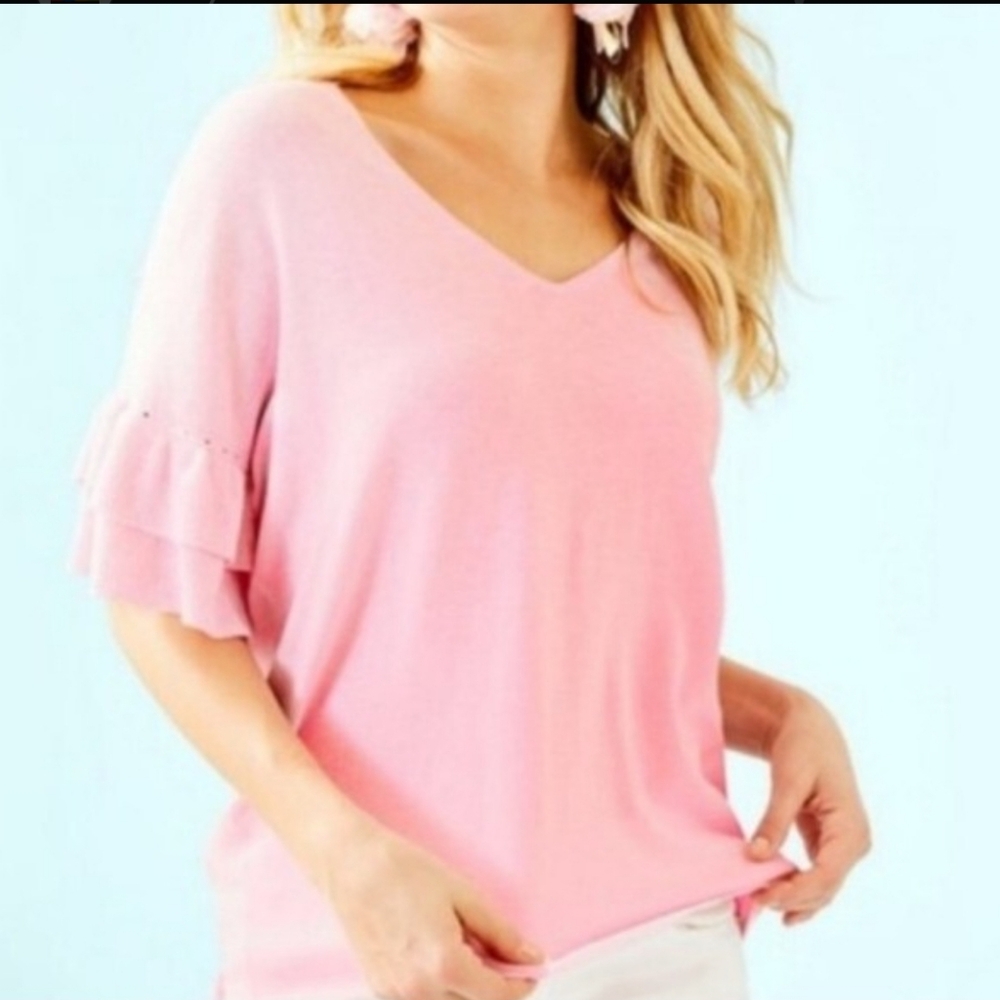 Lilly Pulitzer Pink Ruffle Sleeve V Neck Knit Top Eyelet Detail Size S Preppy